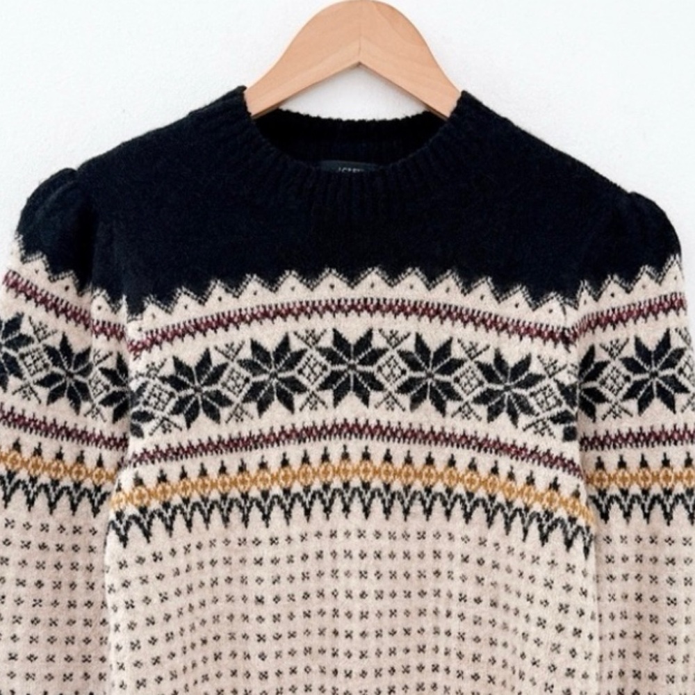 Fair Isle Sweater Puff Sleeve Crewneck Merino Wool Alpaca Preppy Small Cabincore - Picture 3 of 11